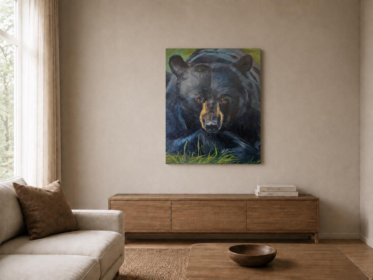 Bear shown as a canvas print in a room