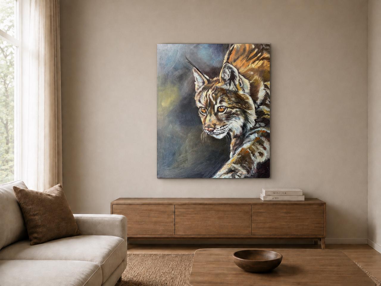 Bobcat Painting shown as a canvas print in a room