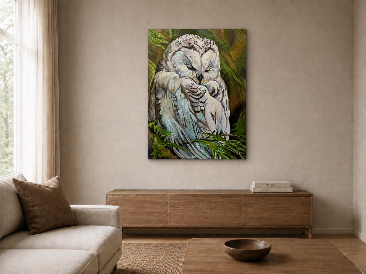 Dreaming In Feathers Owl shown as a canvas print in a room