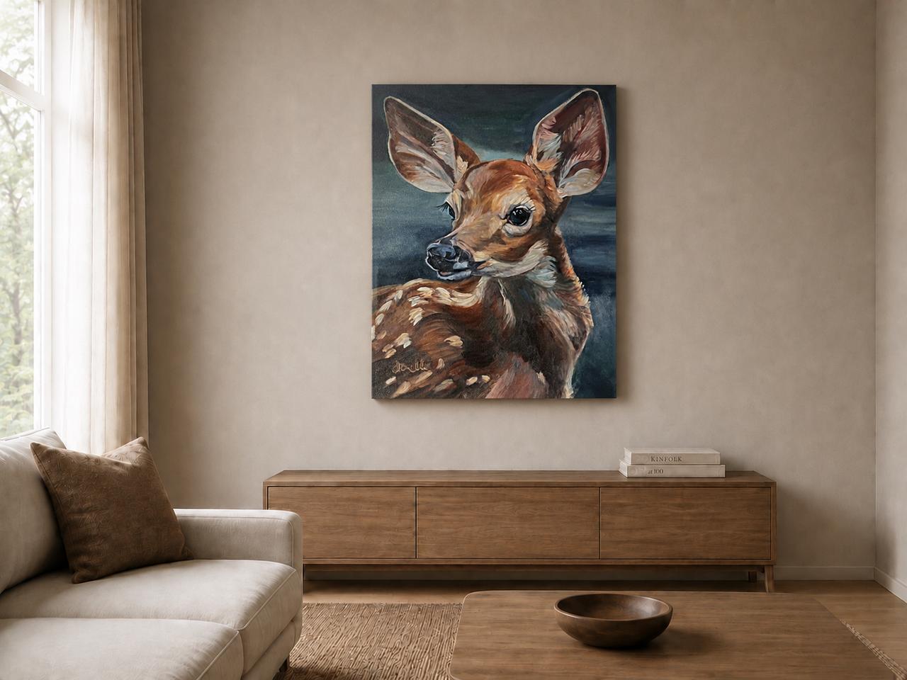 Fawn shown as a canvas print in a room