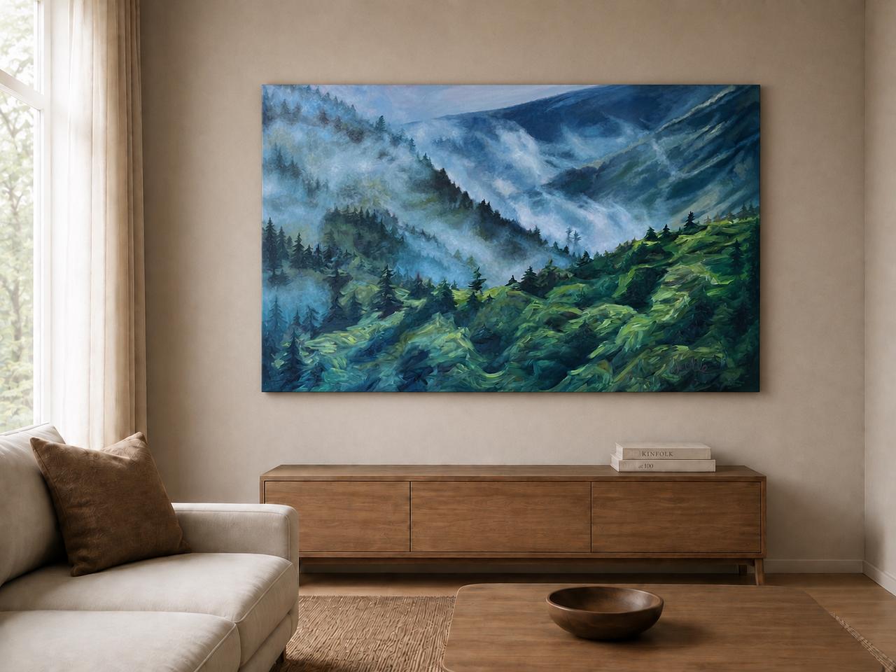 Foggy Trees shown as a canvas print in a room