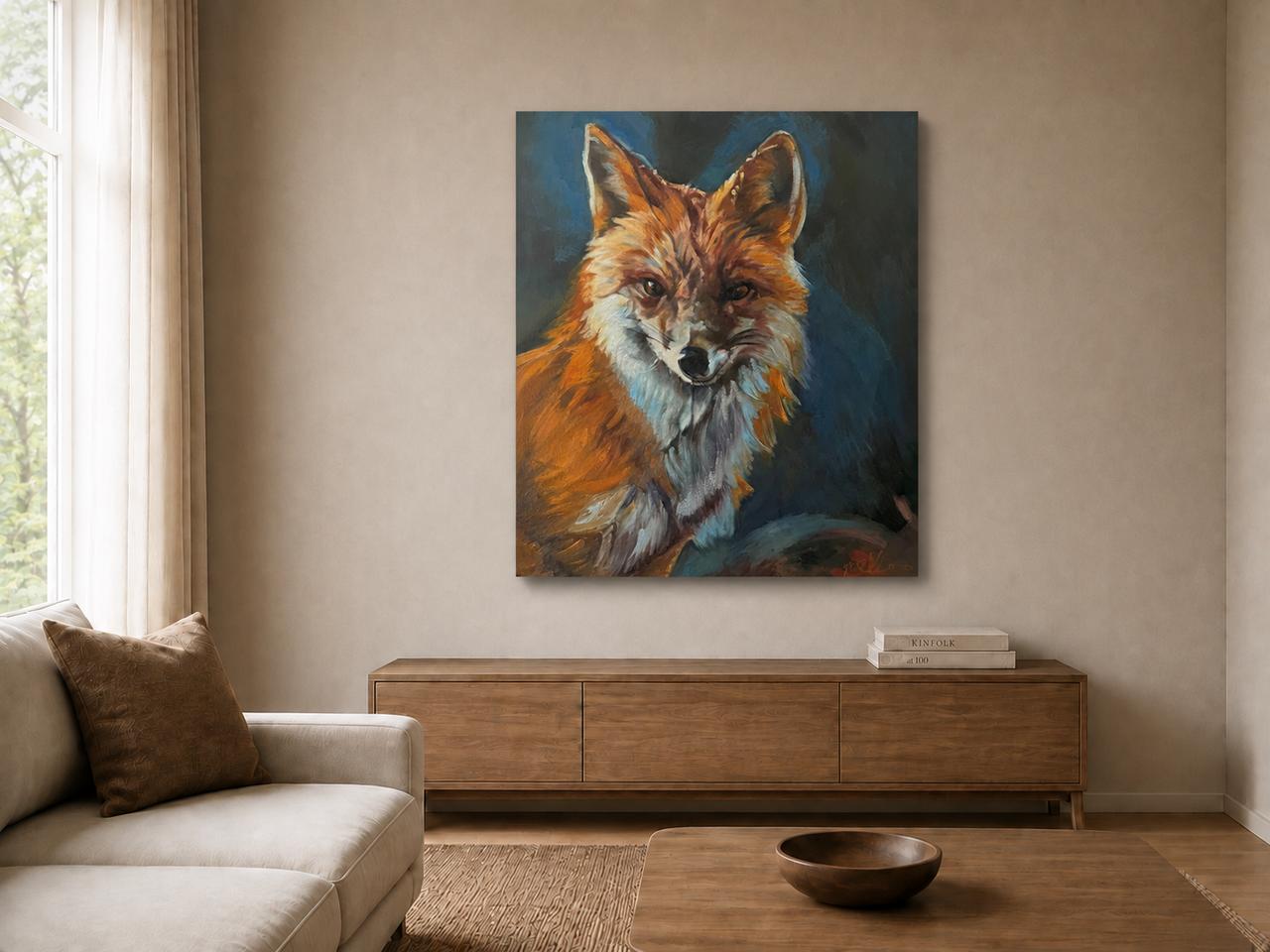 Fox Painting shown as a canvas print in a room