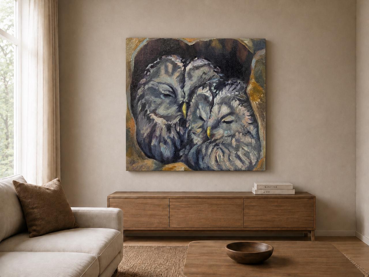 Love Birds Owls shown as a canvas print in a room