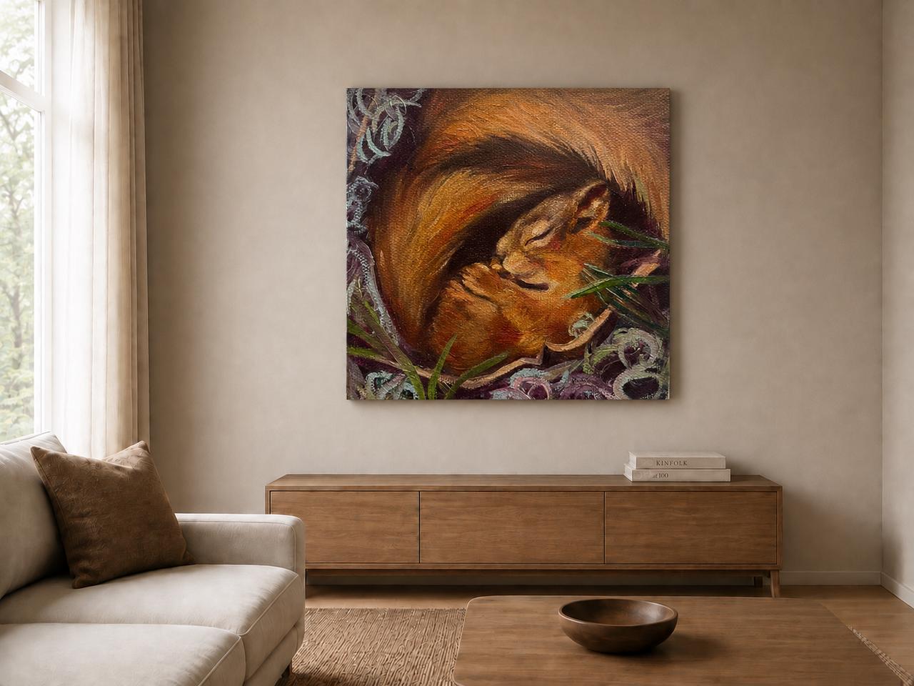 Nestled In Squirrel shown as a canvas print in a room
