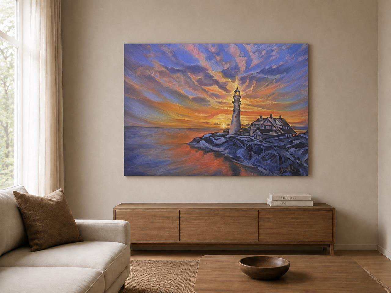 Portland Head Lighthouse shown as a canvas print in a room