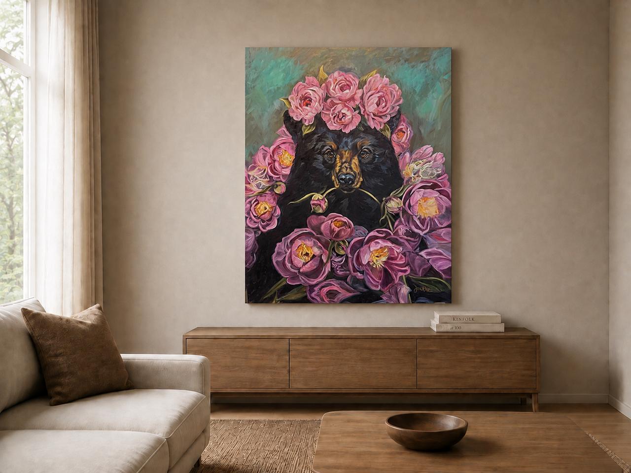 Queen Of The Forest Bear shown as a canvas print in a room