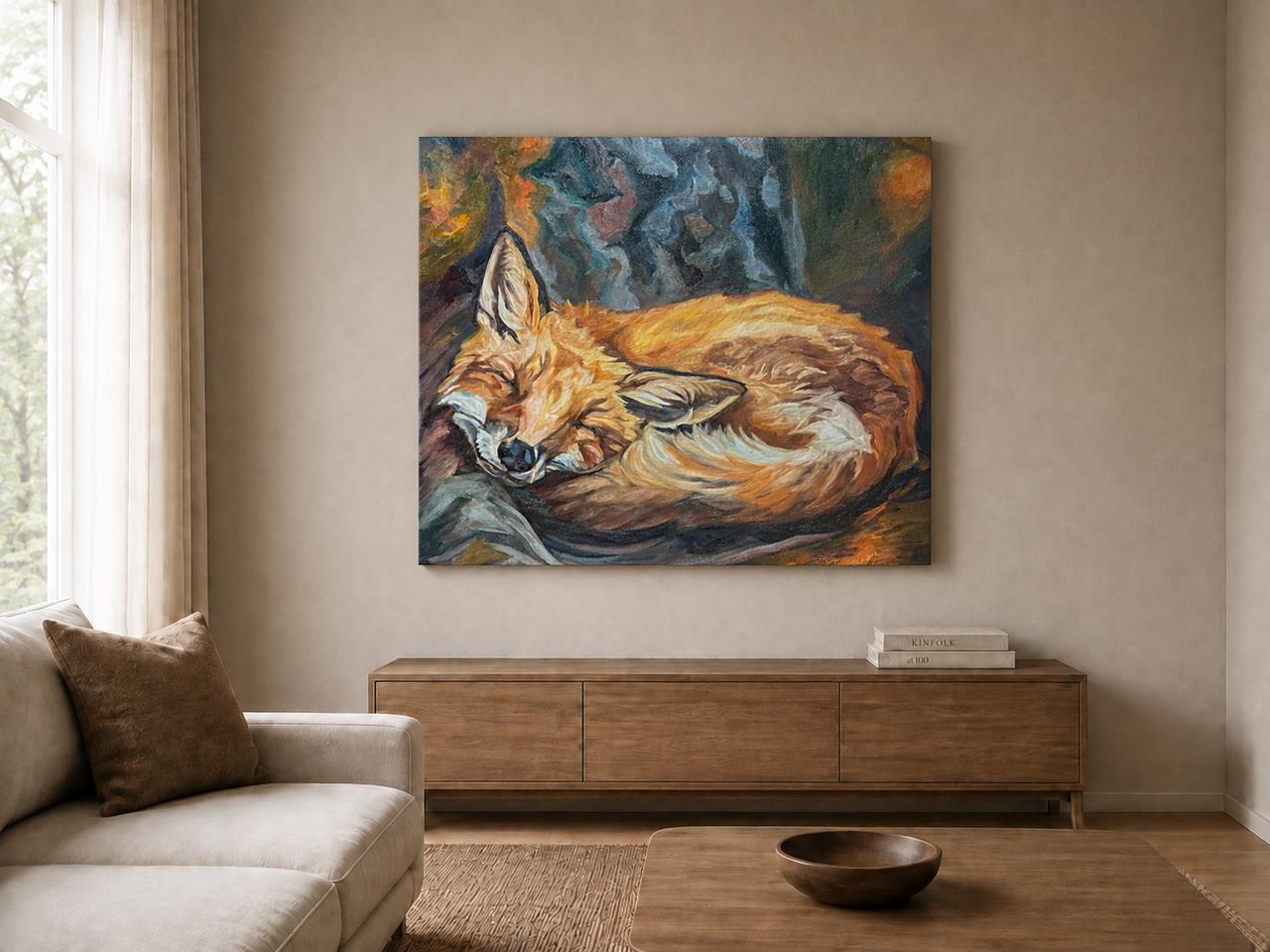 Sleeping Fox shown as a canvas print in a room