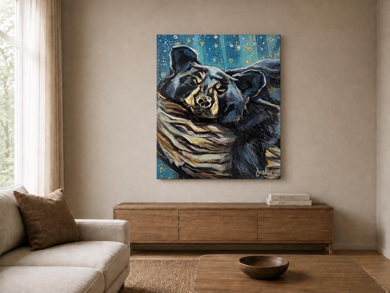 Sleepy Bear shown as a canvas print in a room