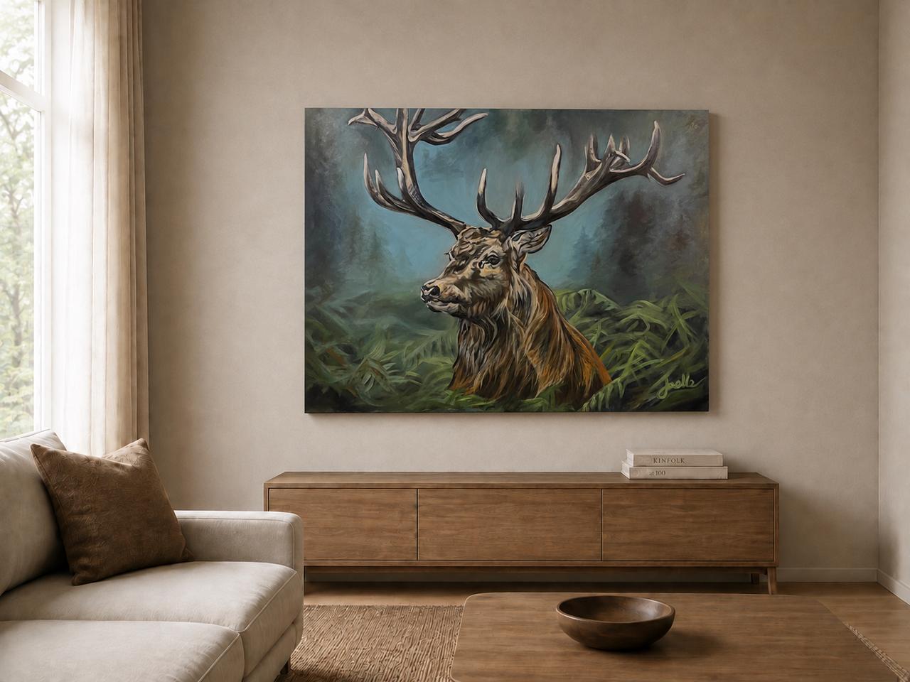 Stag Painting shown as a canvas print in a room