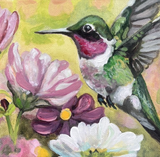 Hummingbird And Cosmos by Joelle Goff